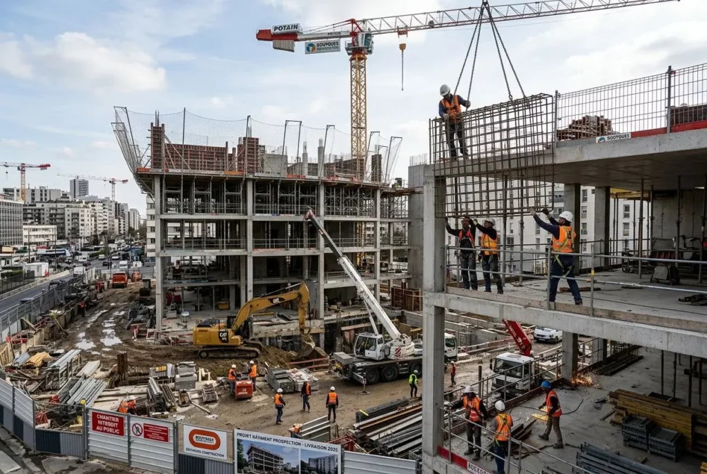 Chantier de construction avec des ouvriers et une grue, vue d’un bâtiment en progression. Intégration du mot-clé: "comment attirer clients construction" dans une description naturelle.