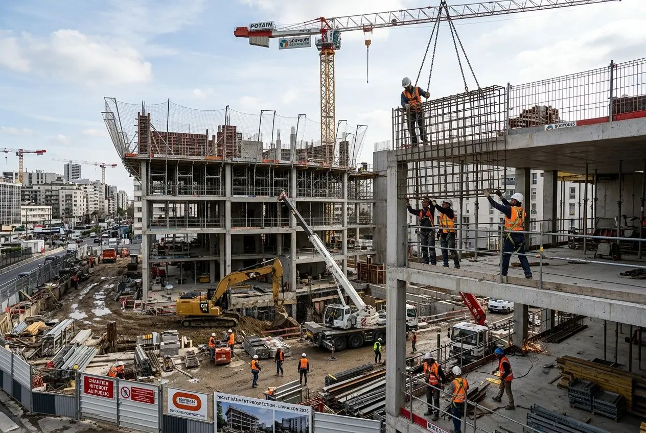 Chantier de construction avec des ouvriers et une grue, vue d’un bâtiment en progression. Intégration du mot-clé: "comment attirer clients construction" dans une description naturelle.