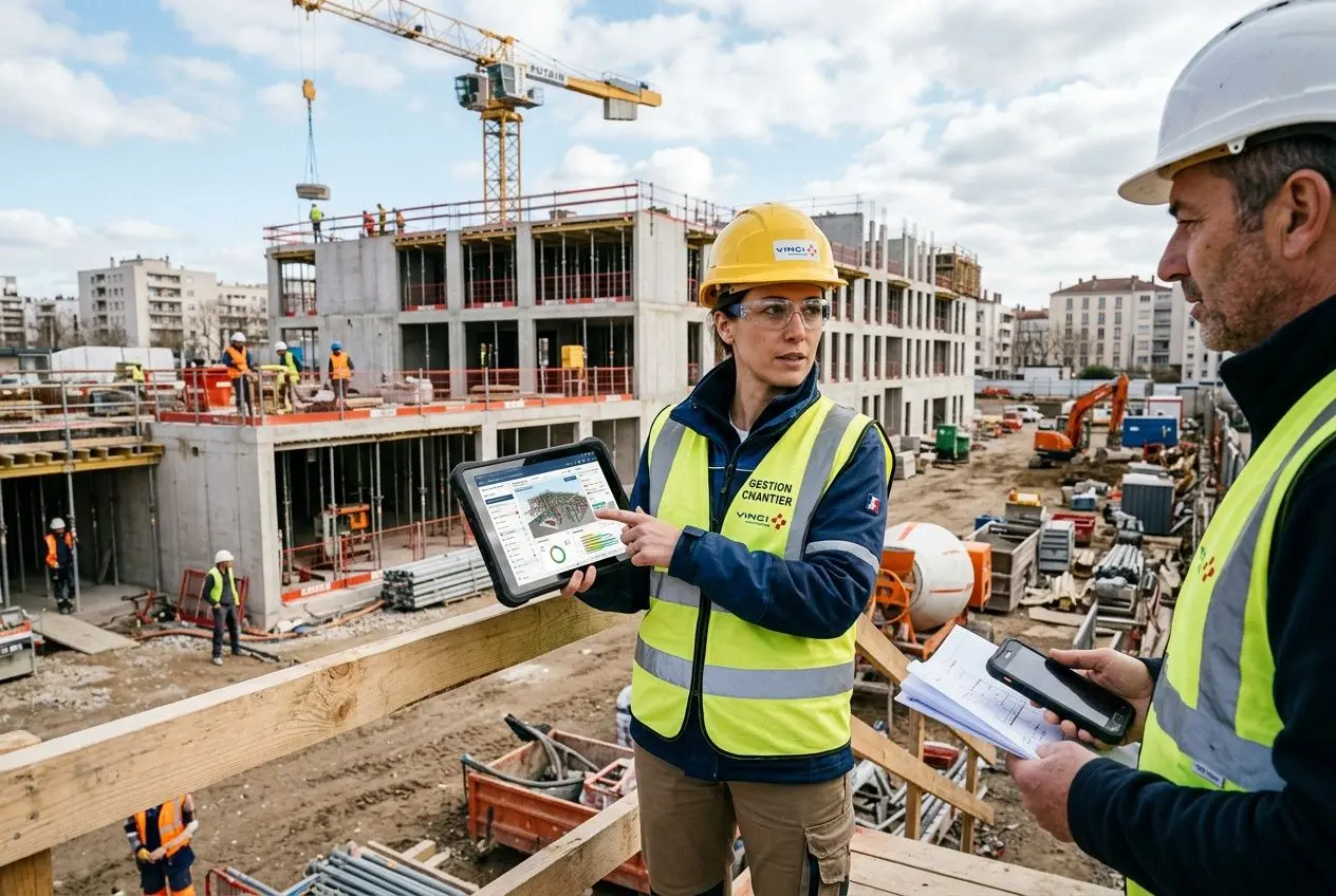 Gestion de chantier avec tablette et plans, sur un site BTP en activité, en pleine construction. Stratégie digital pour btp présentée dans le cadre d’un guide numérique.