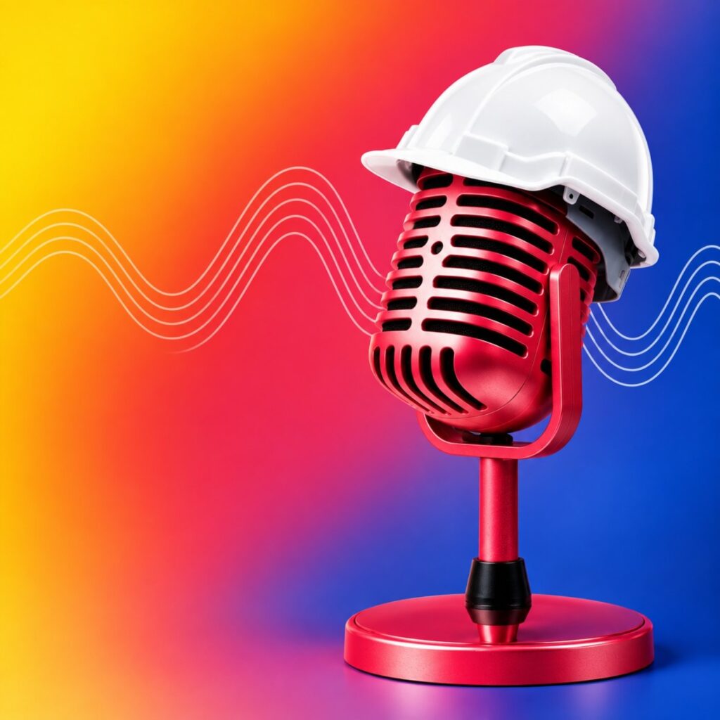 Micro de podcast coiffé d'un casque de chantier, visuel du podcast La Constructive